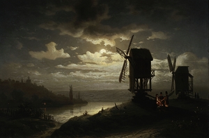 Nocturnal Landscape with Windmills [1864] by Józef Marszewski [1825–1883]